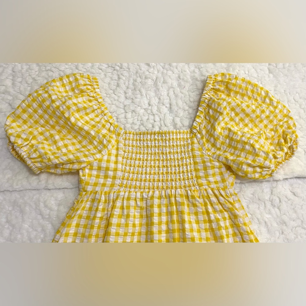 Old Navy Womens XS Yellow White Gingham Check Puff Sleeve Babydoll Dress Preppy - Picture 6 of 12